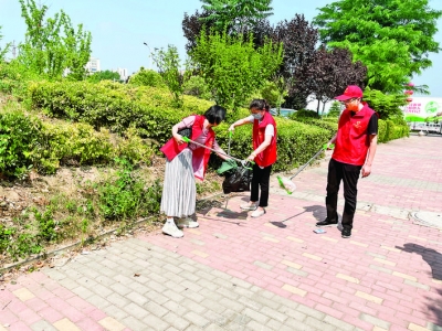 盐湖区外滩首府社区清理路边绿化带的卫生死角